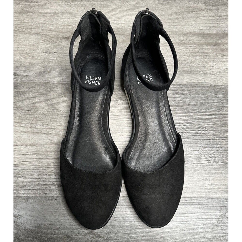 Eileen Fisher Emmet Ankle Strap Ballerina Flats Nubuck D’Orsay Sandals Black 8.5
